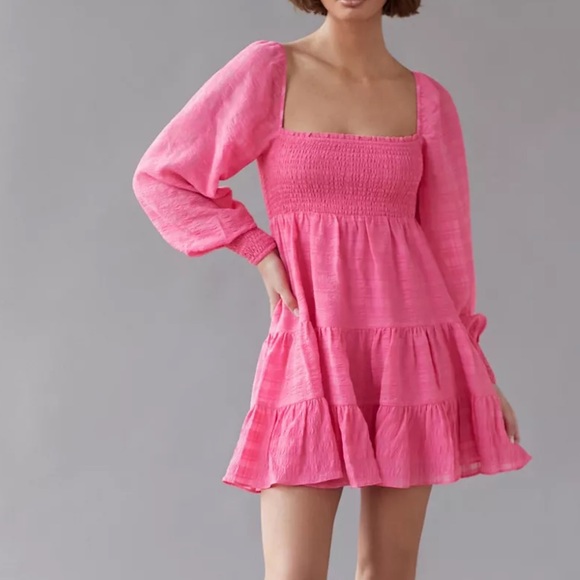 Urban Outfitters Pink Smock Long Sleeve Mini Dress - Picture 1 of 8